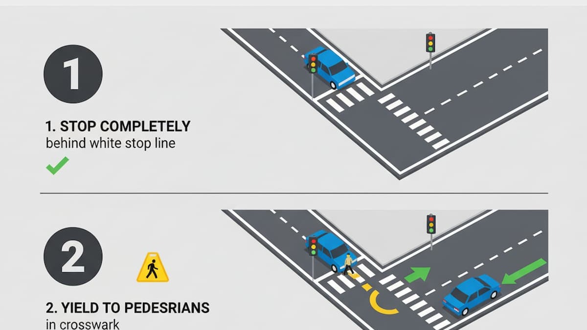 Indiana right turn on red after complete stop yielding to pedestrians