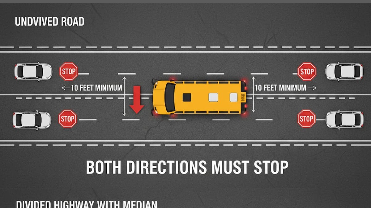 Indiana school bus stop law both directions undivided road vs divided highway