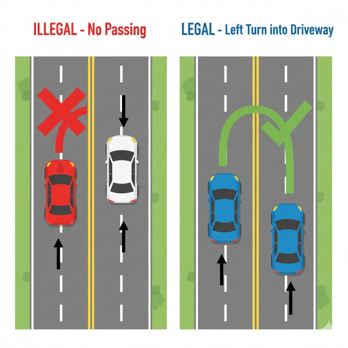 Kentucky double yellow line no-passing zone and legal left turn into driveway diagram