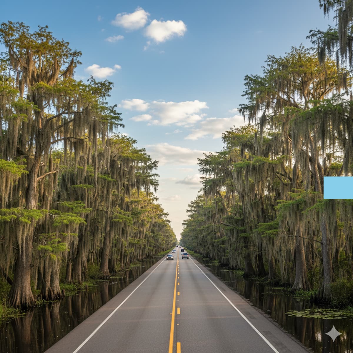 Louisiana highway with swamp and bayou scenery showing I-10 and rural roads with traffic