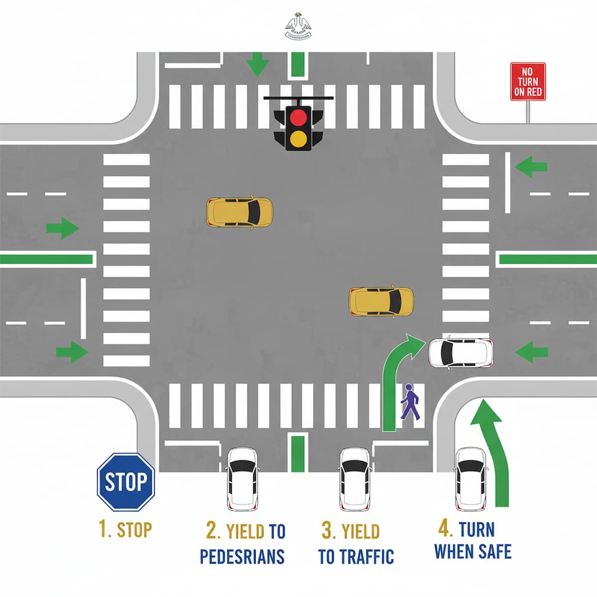 Louisiana right turn on red after complete stop yielding to pedestrians and traffic