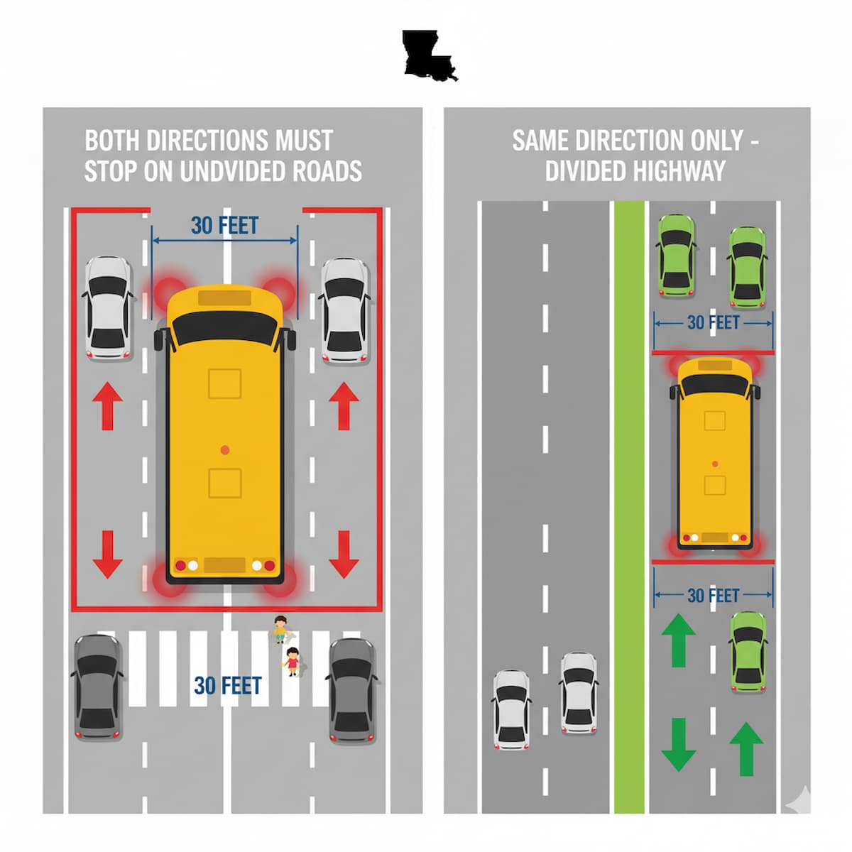 Louisiana school bus stop law showing both directions must stop on undivided roads