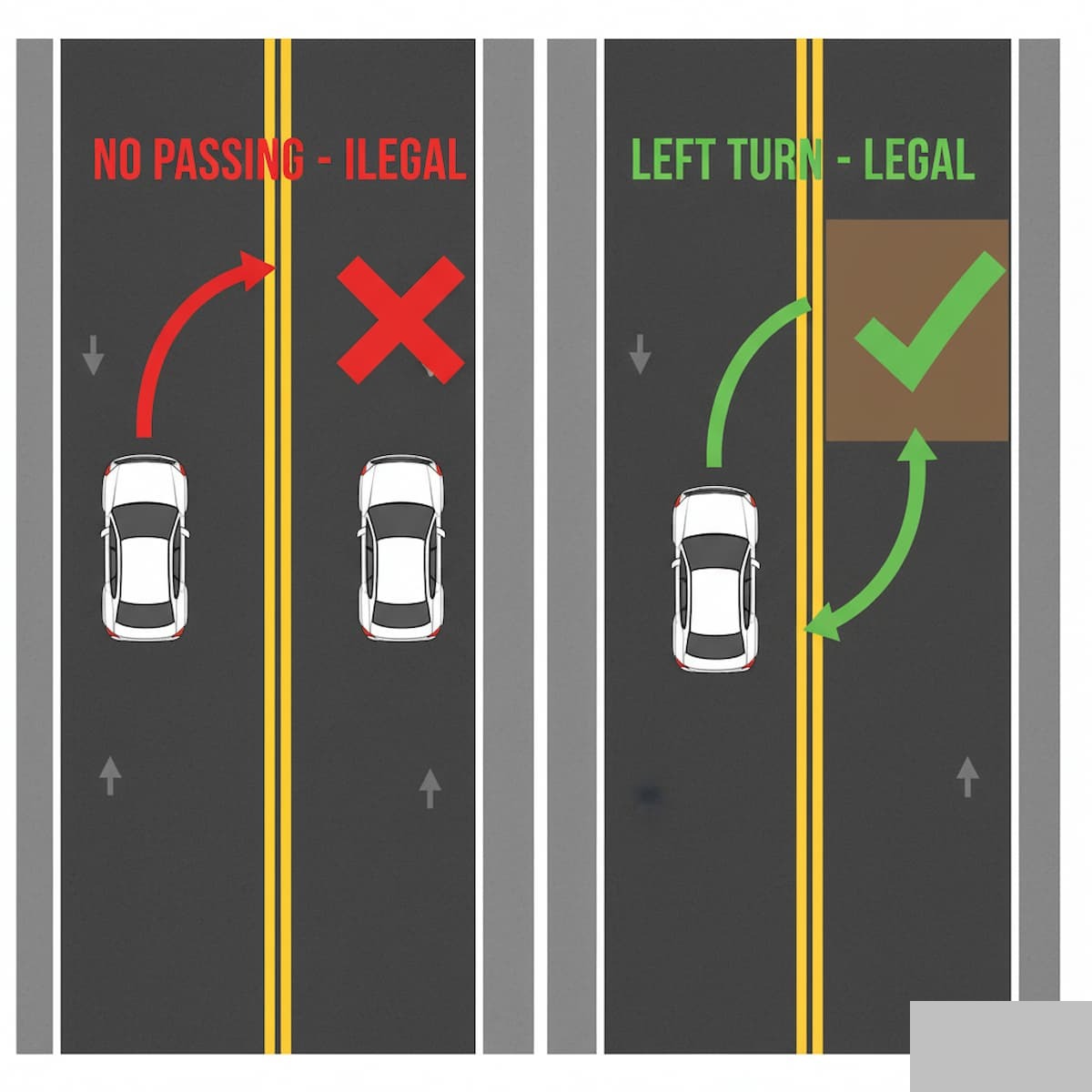 Massachusetts double yellow line no-passing zone and legal left turn into driveway diagram