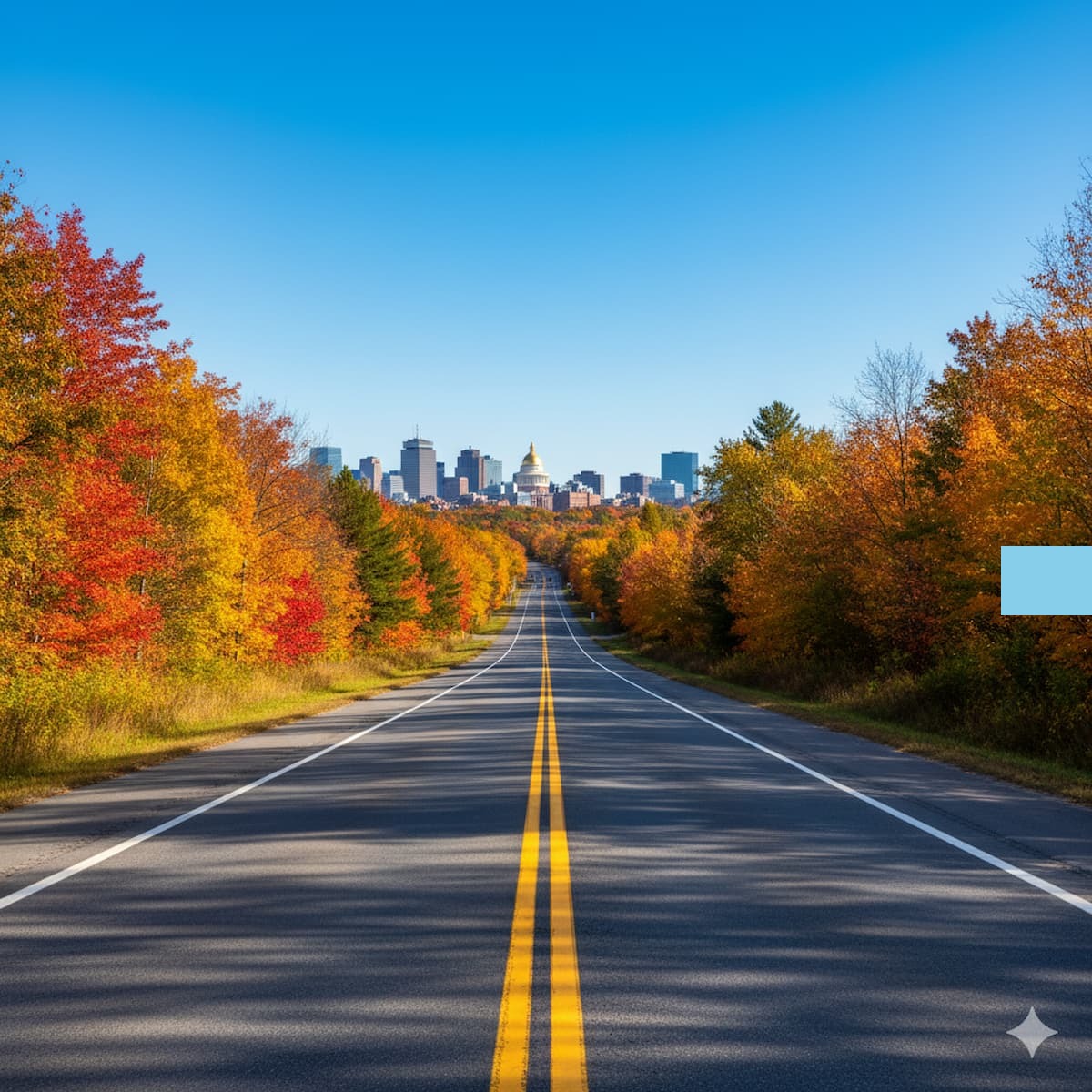Massachusetts highway near Boston showing double yellow centerline and historic New England road