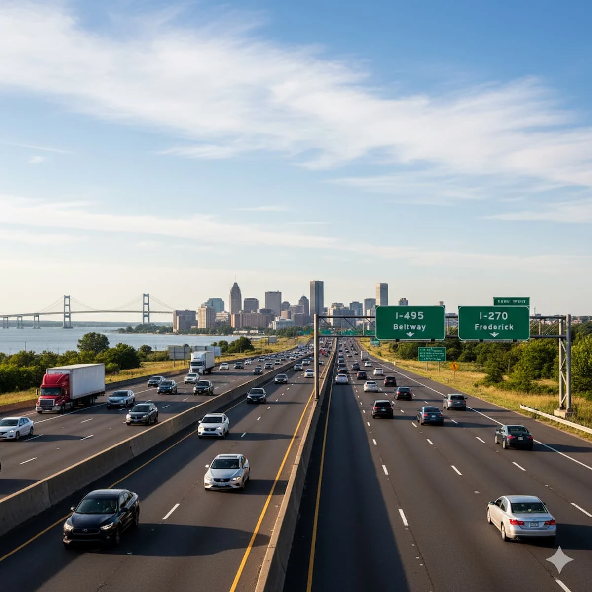 Maryland highway showing I-95 and Baltimore-Washington Parkway with Chesapeake Bay Bridge in distance