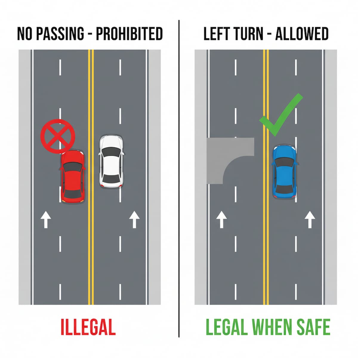 Maine double yellow line no-passing zone and legal left turn into driveway diagram