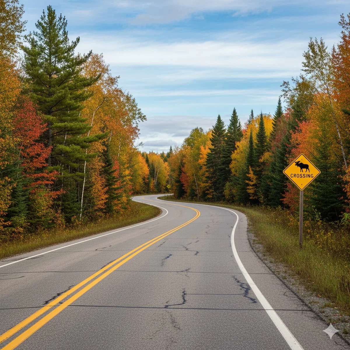 Maine scenic highway with double yellow lines and wildlife crossing signs