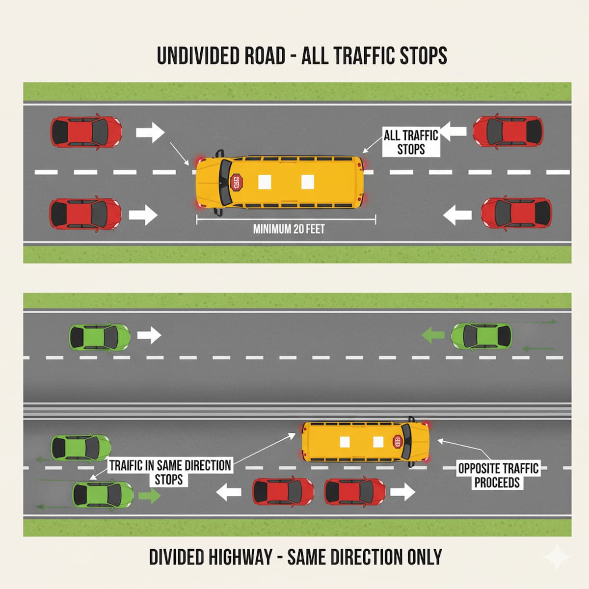 Maine school bus stop law showing both directions must stop on undivided roads