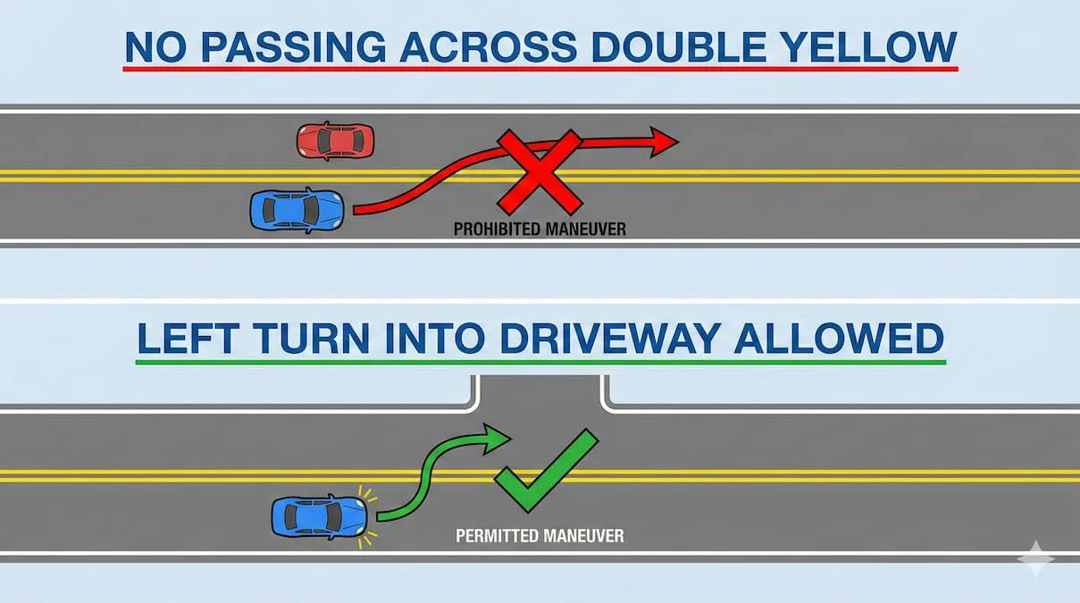Mississippi double yellow line no-passing zone and legal left turn into driveway diagram