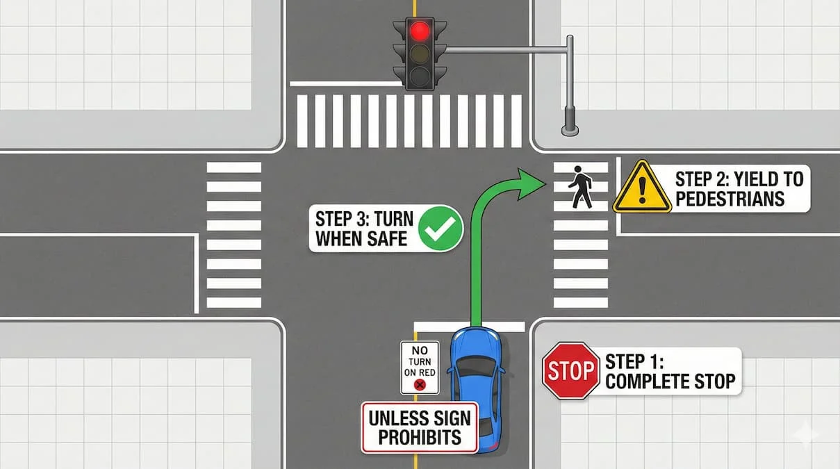 Mississippi right turn on red after complete stop yielding to pedestrians and traffic