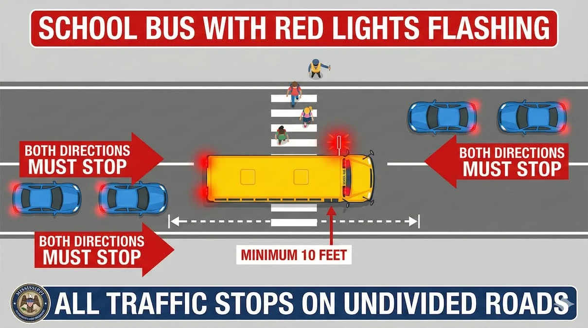 Mississippi school bus stop law showing both directions must stop on undivided roads