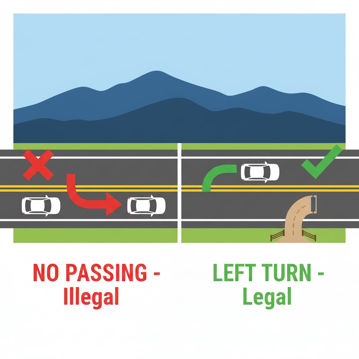 Montana double yellow line no-passing zone and legal left turn into ranch entrance diagram