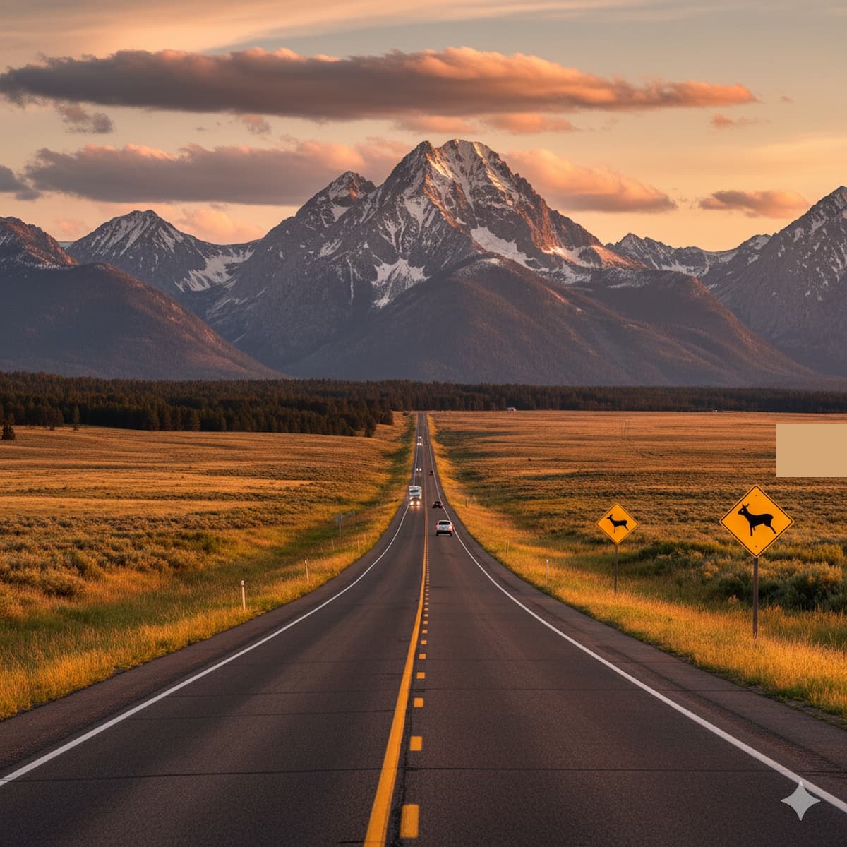 Montana highways through mountain ranges with wildlife crossing signs and scenic Big Sky Country roads