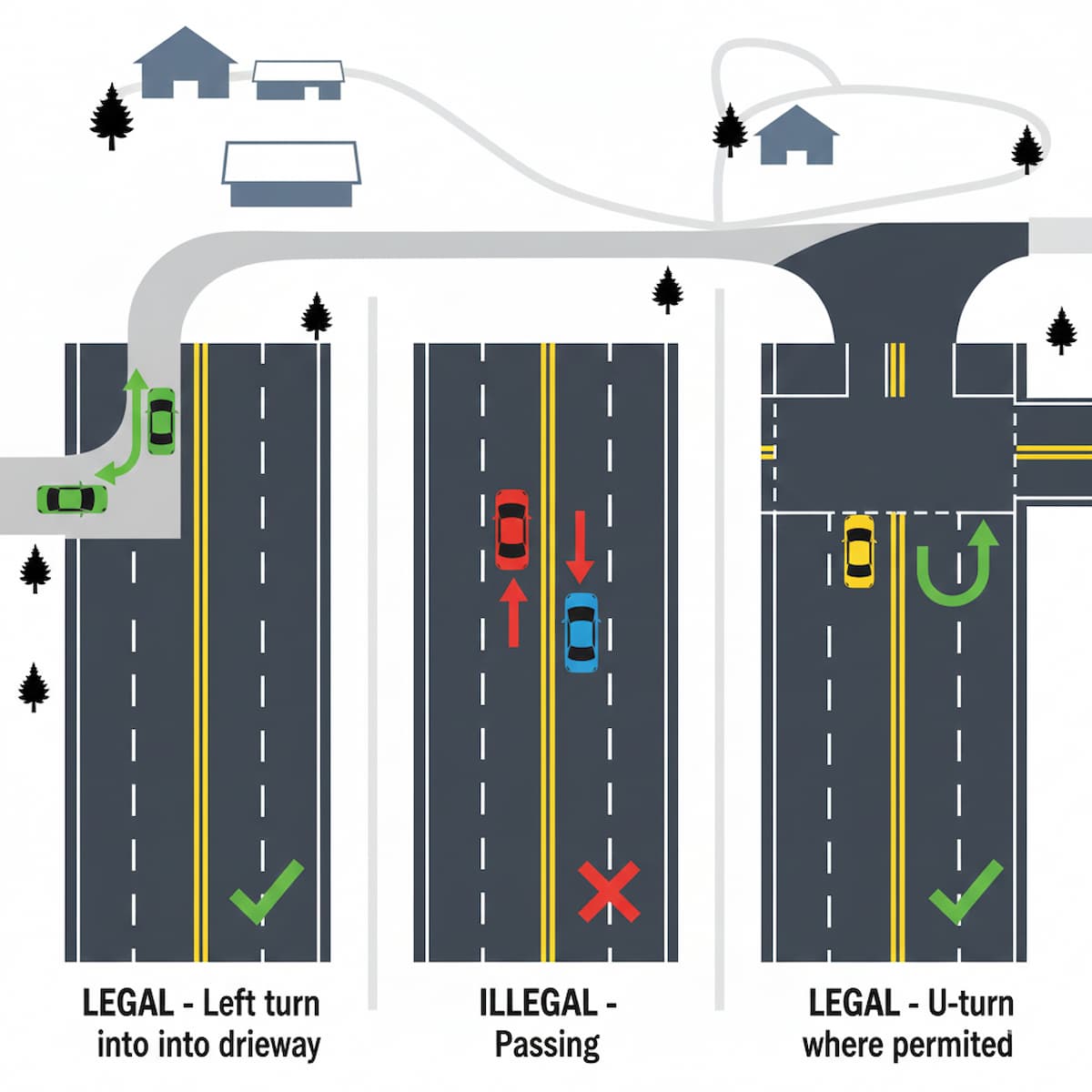 North Dakota double yellow line no-passing zone and legal left turn into farm access road diagram