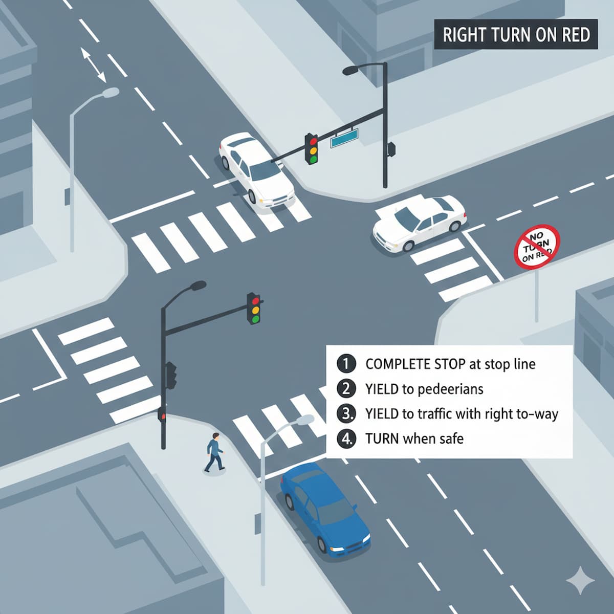 North Dakota right turn on red after complete stop yielding to pedestrians and traffic