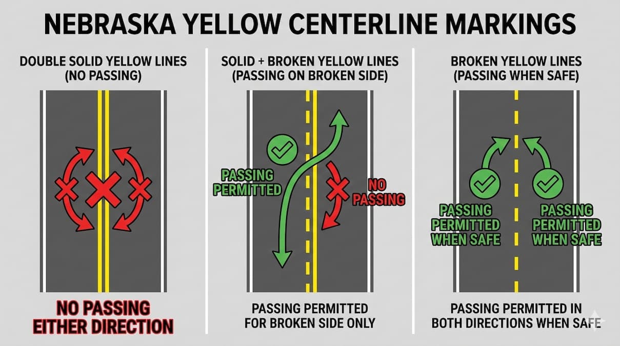 Nebraska double yellow line no-passing zone and legal left turn into driveway diagram