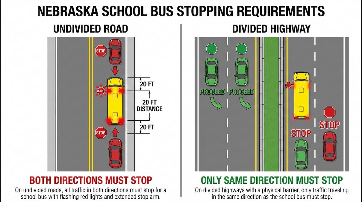 Nebraska school bus stop law showing both directions must stop on undivided roads
