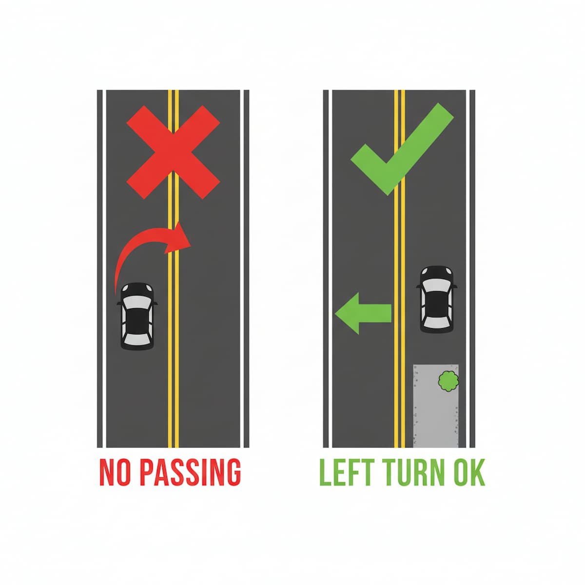 New Hampshire double yellow line no-passing zone and legal left turn into driveway diagram