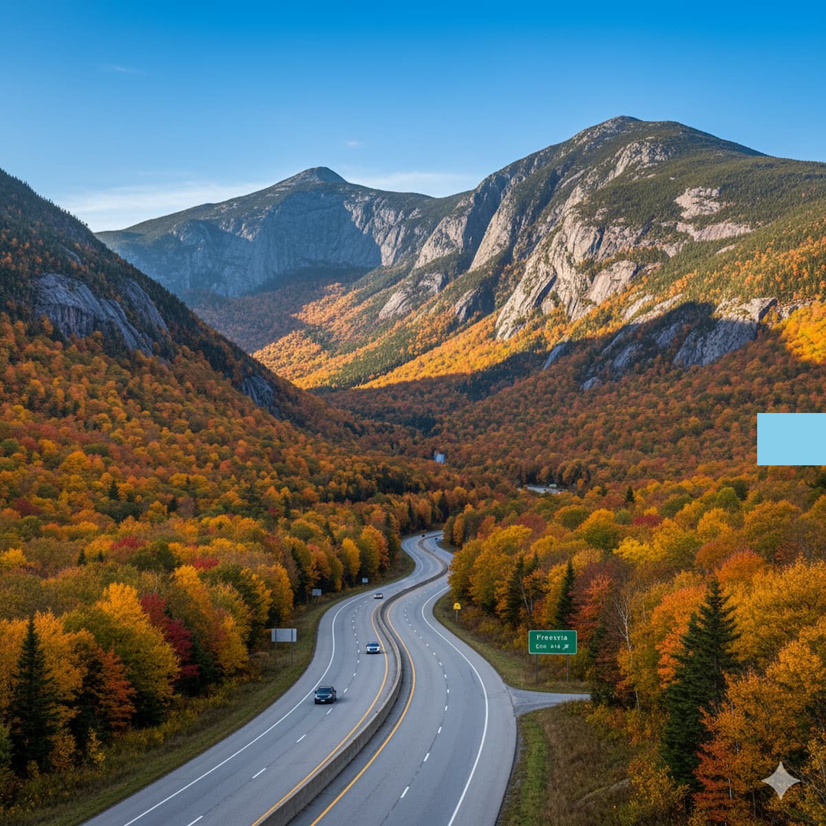 New Hampshire highway with White Mountains showing I-93 and scenic rural roads with fall foliage