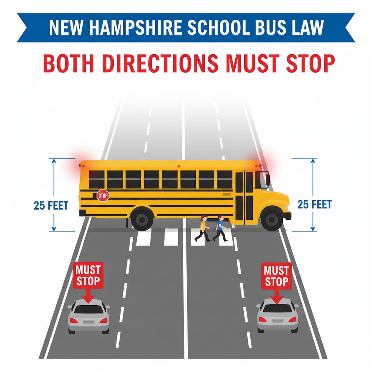 New Hampshire school bus stop law showing both directions must stop on undivided roads
