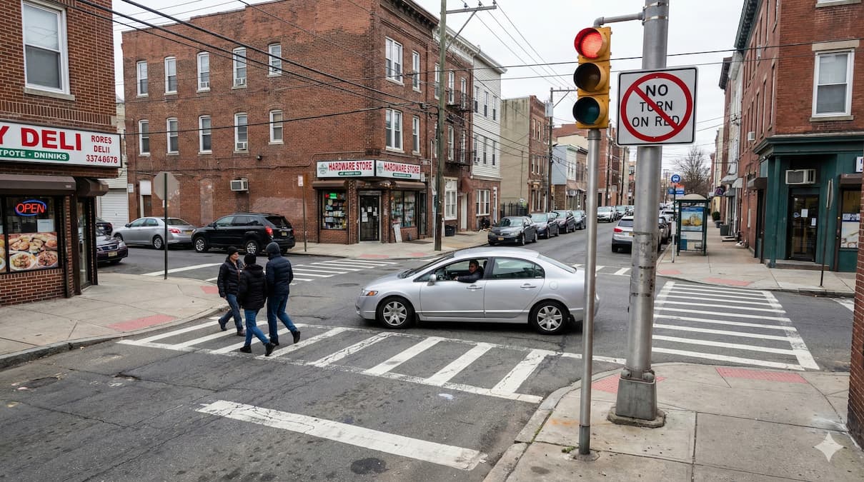 New Jersey urban intersection with NO TURN ON RED sign, pedestrians crossing, car stopped at limit line