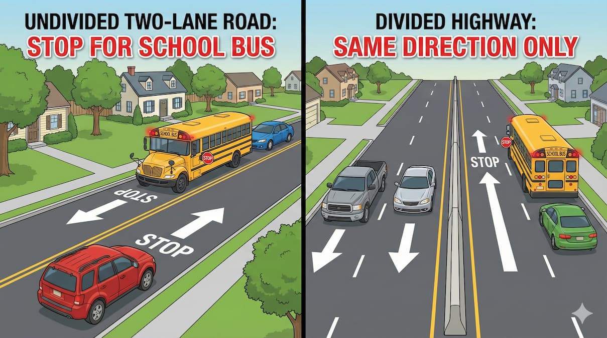 School bus stop law in New Jersey: undivided road traffic stops both ways; divided highway opposite traffic may proceed