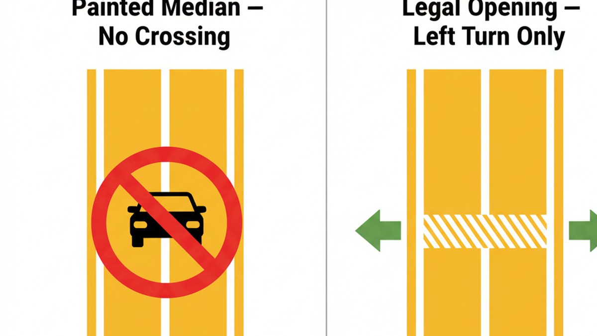 New York painted median double-double yellow no crossing versus designated opening allowing left turn