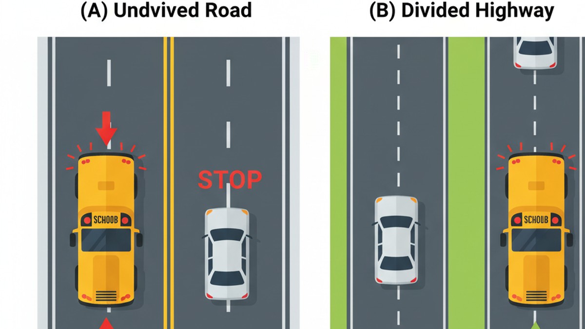 School bus stop law in New York: undivided road traffic stops both ways; divided highway opposite traffic proceeds