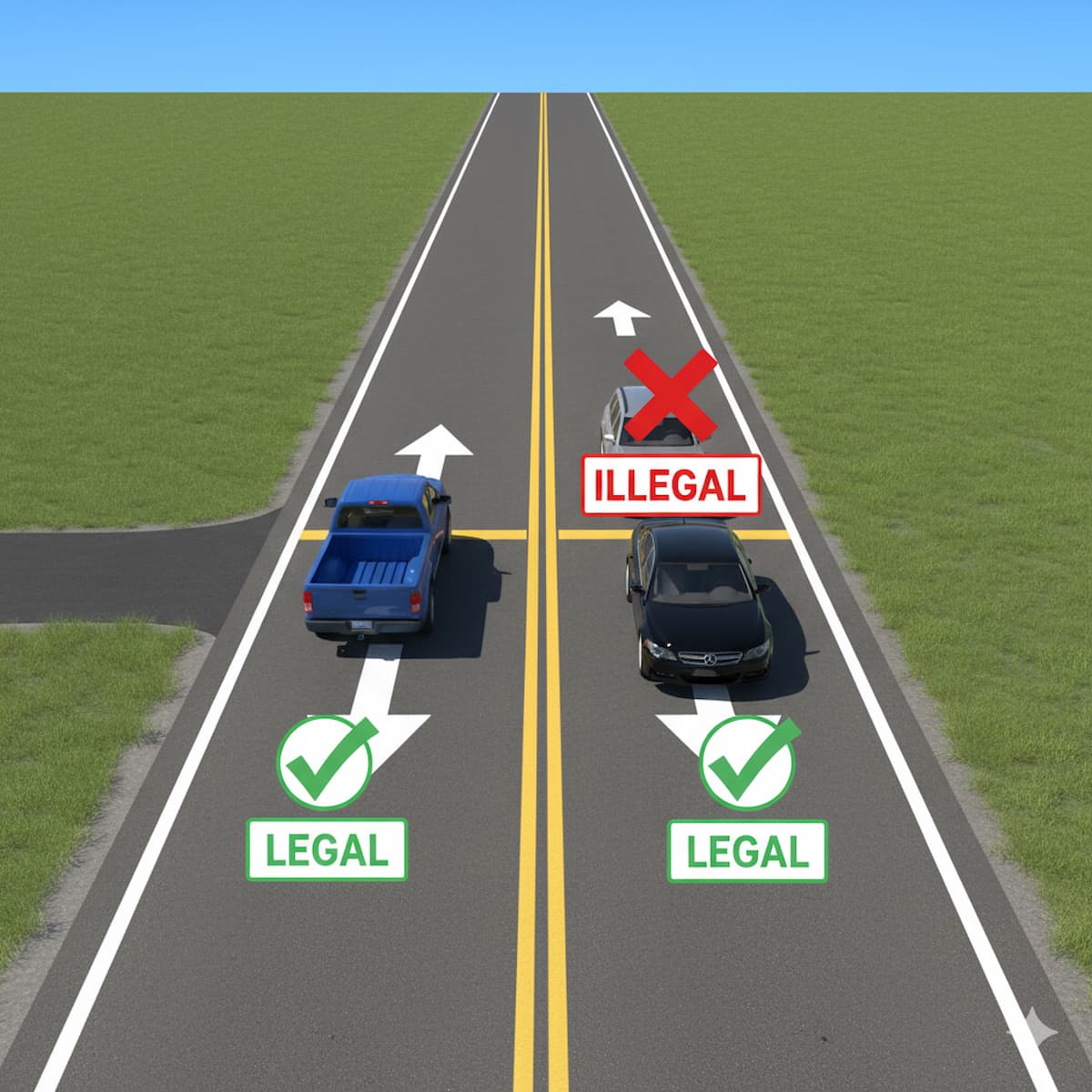 Ohio double yellow line no-passing zone with legal left turn exception illustrated