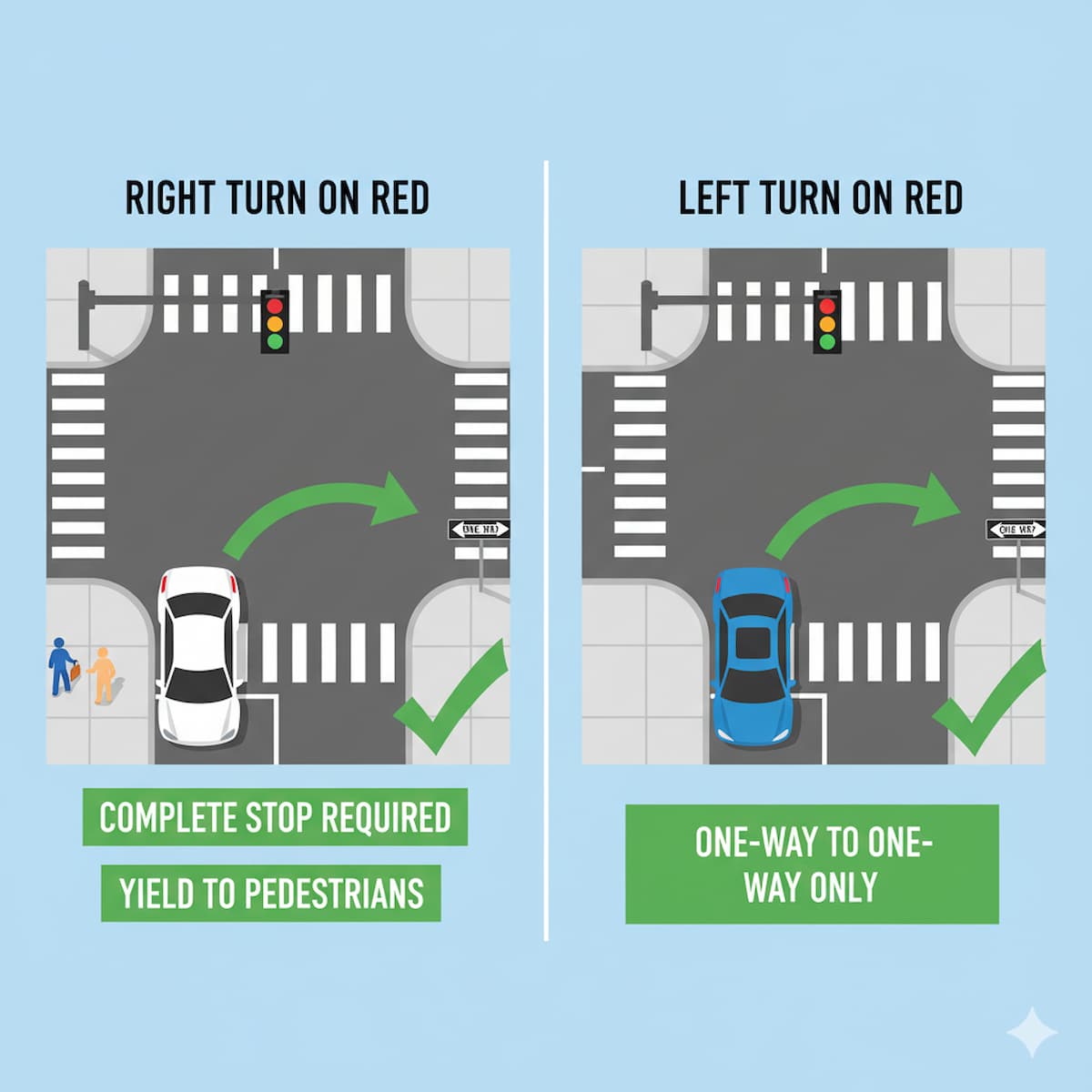 Ohio right turn on red and left on red regulations with complete stop requirement