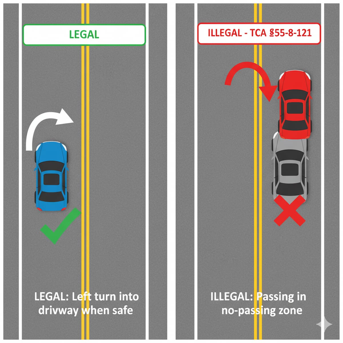 Tennessee double yellow line no-passing zone with legal left turn exception diagram