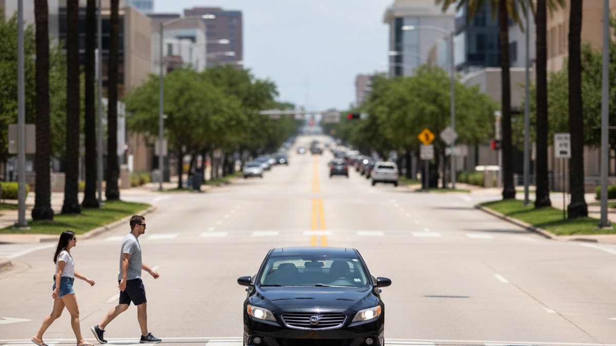 Texas downtown intersection with NO TURN ON RED sign, pedestrians crossing, car stopped at limit line