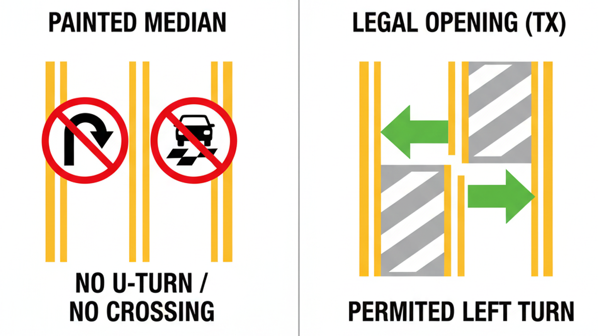 Texas painted median double-double yellow no crossing versus designated opening allowing left turn