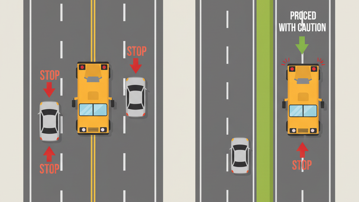 School bus stop law in Texas: undivided road traffic stops both ways; divided highway opposite traffic proceeds