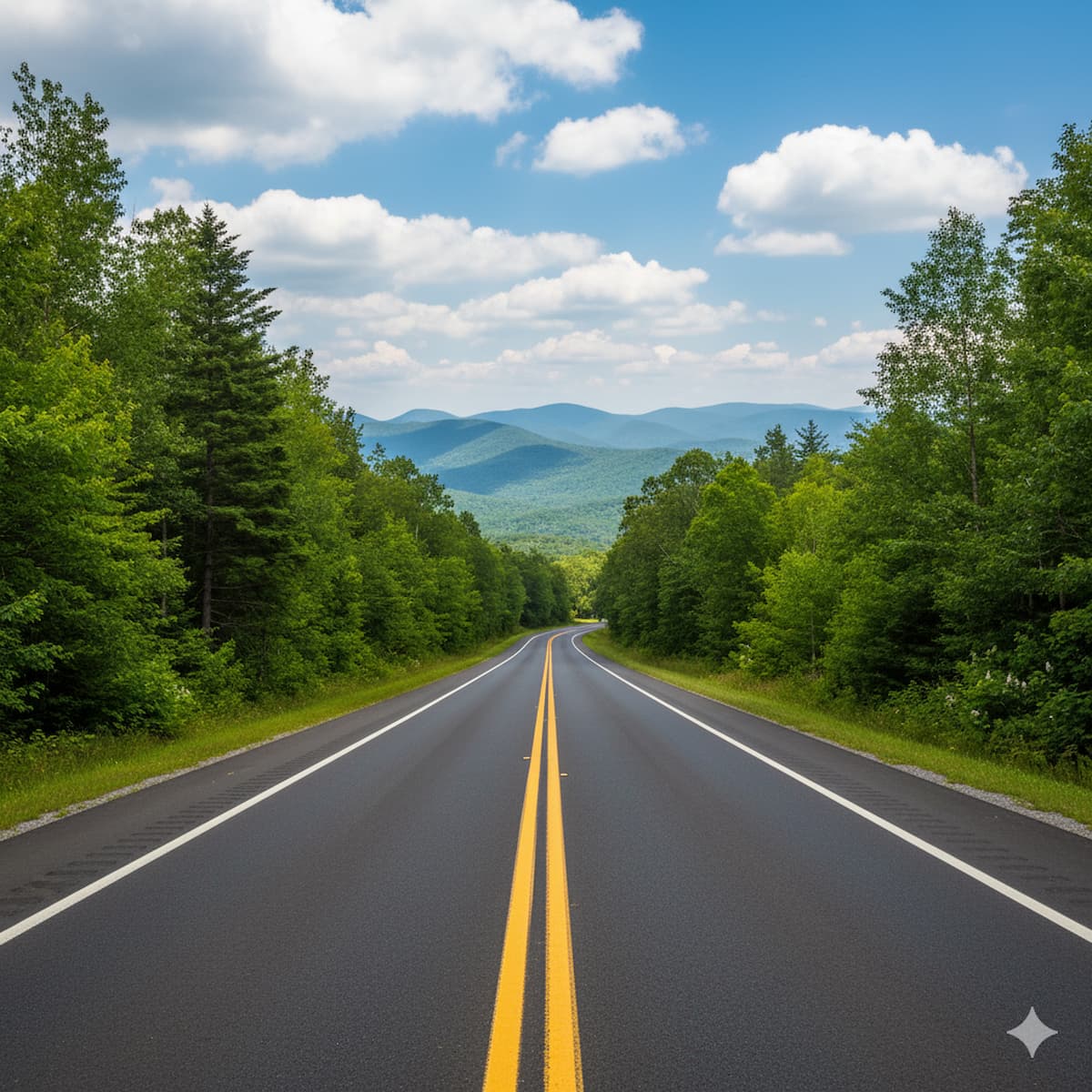Virginia highway with double yellow centerline and scenic Blue Ridge Mountains landscape