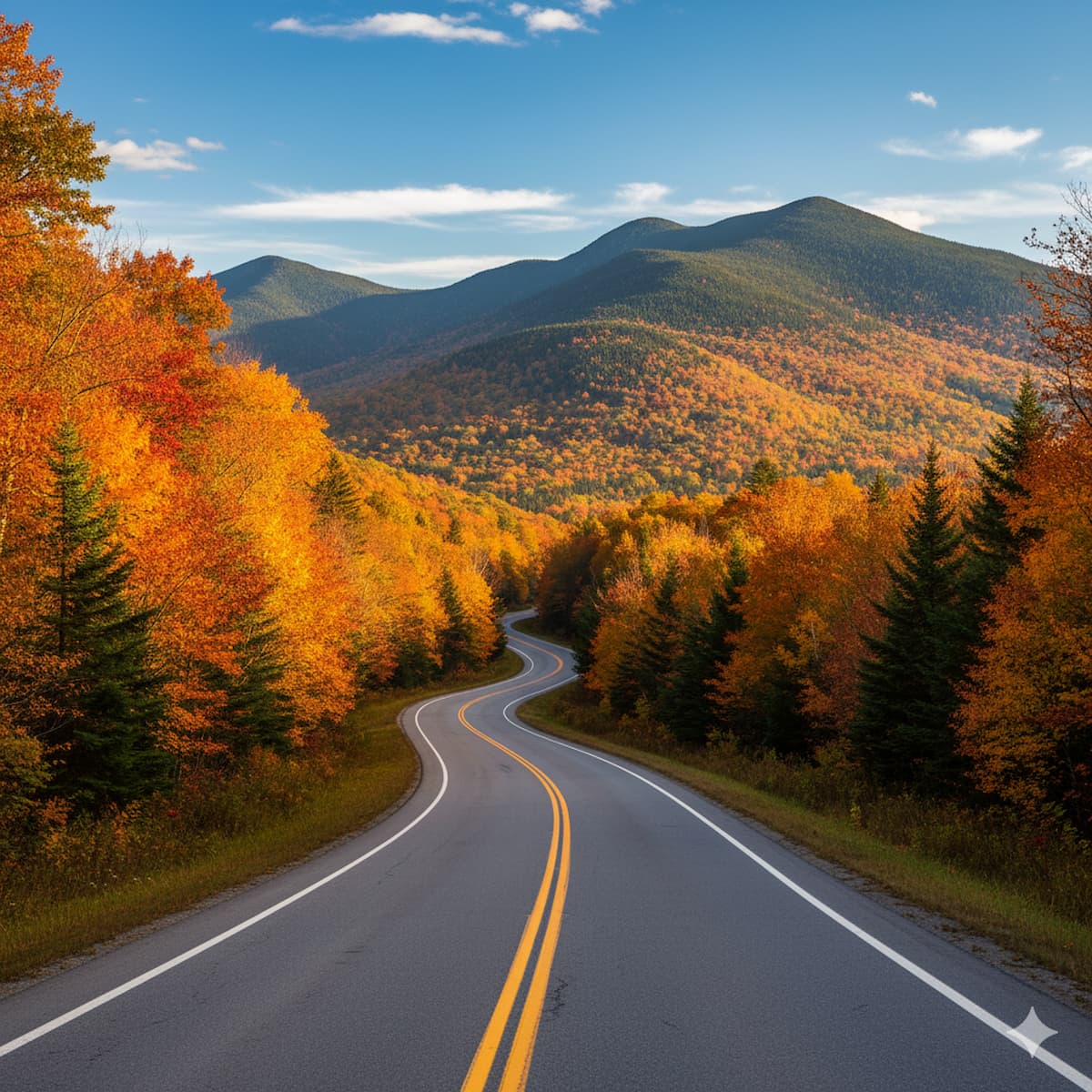 Vermont mountain highway with double yellow lines showing VT driving laws