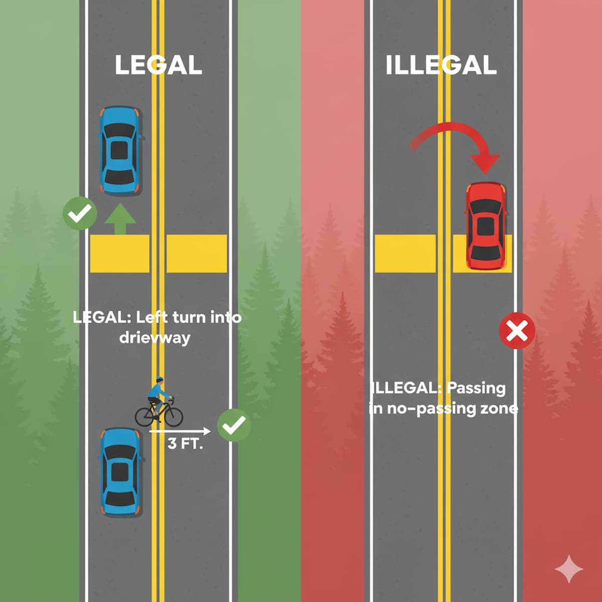 Washington double yellow line no-passing zone with legal left turn exception diagram