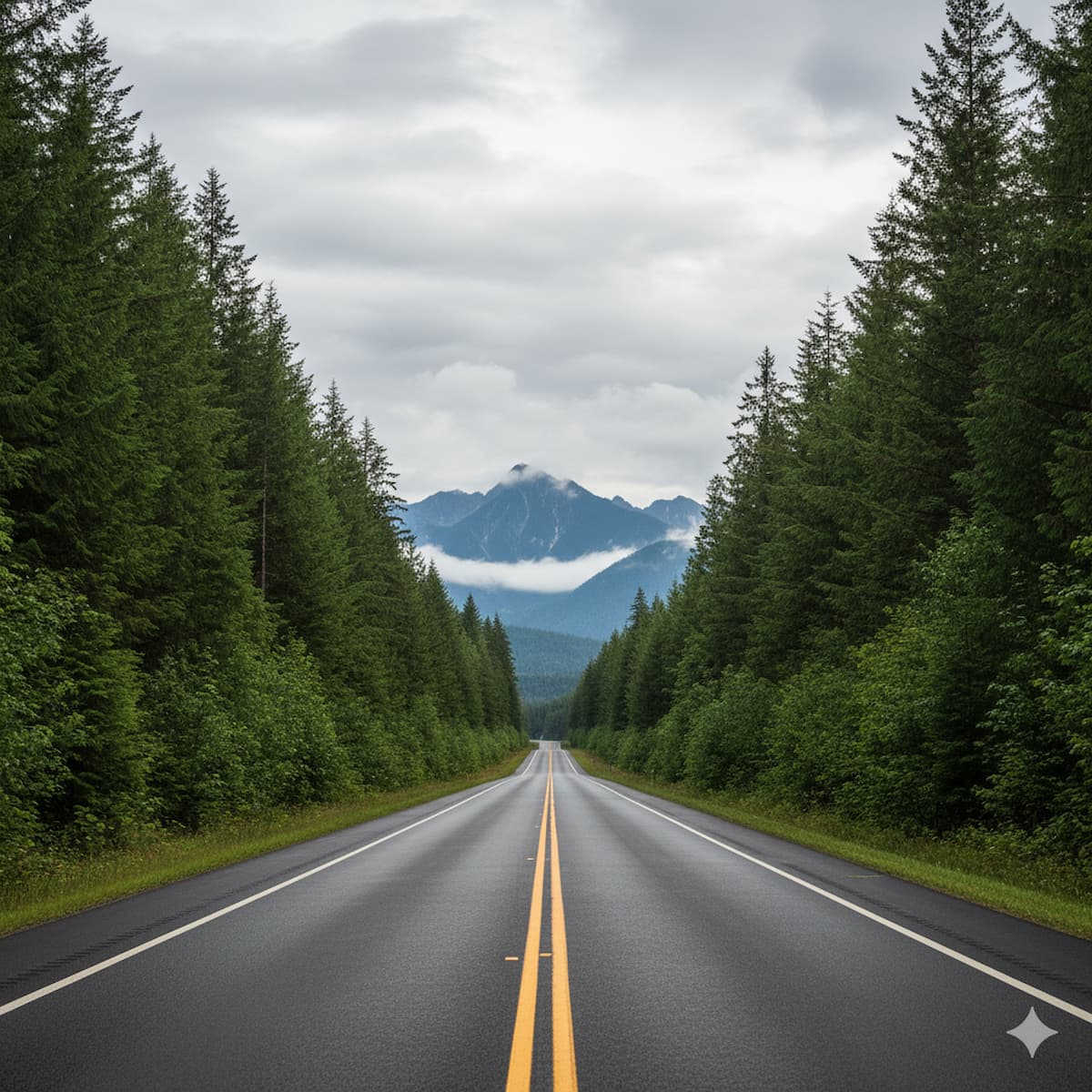 Washington state highway with double yellow lines showing WA driving laws