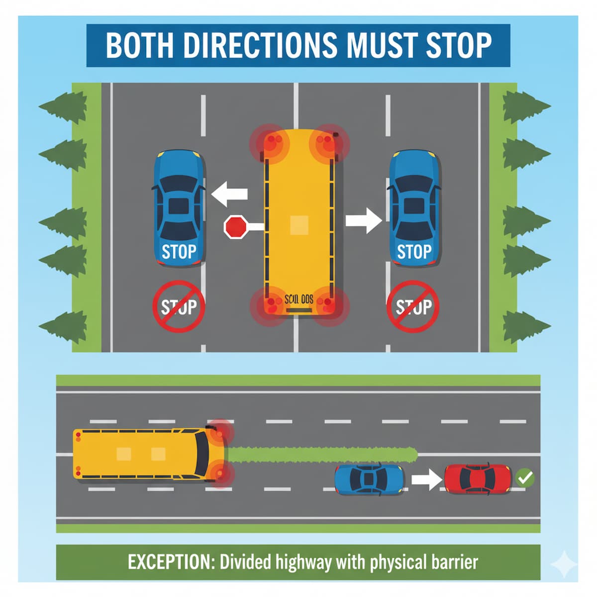 Washington school bus stop law requiring both directions to stop on undivided roads