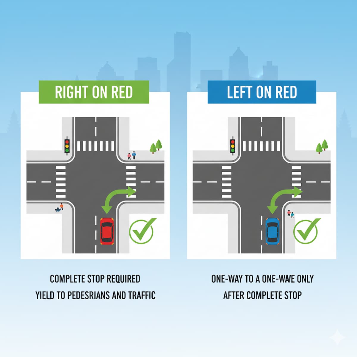 Washington right turn on red and left on red regulations with complete stop requirement