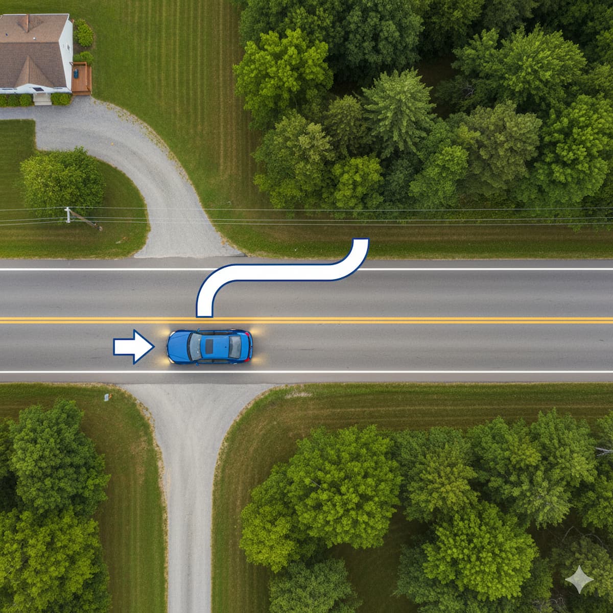 Wisconsin double yellow line no-passing zone with legal left turn into driveway diagram