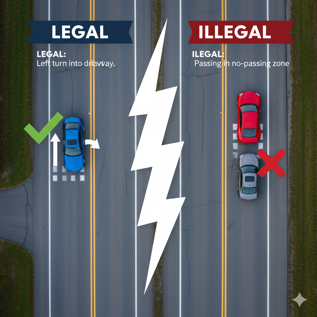 West Virginia double yellow line no-passing zone with legal left turn exception diagram