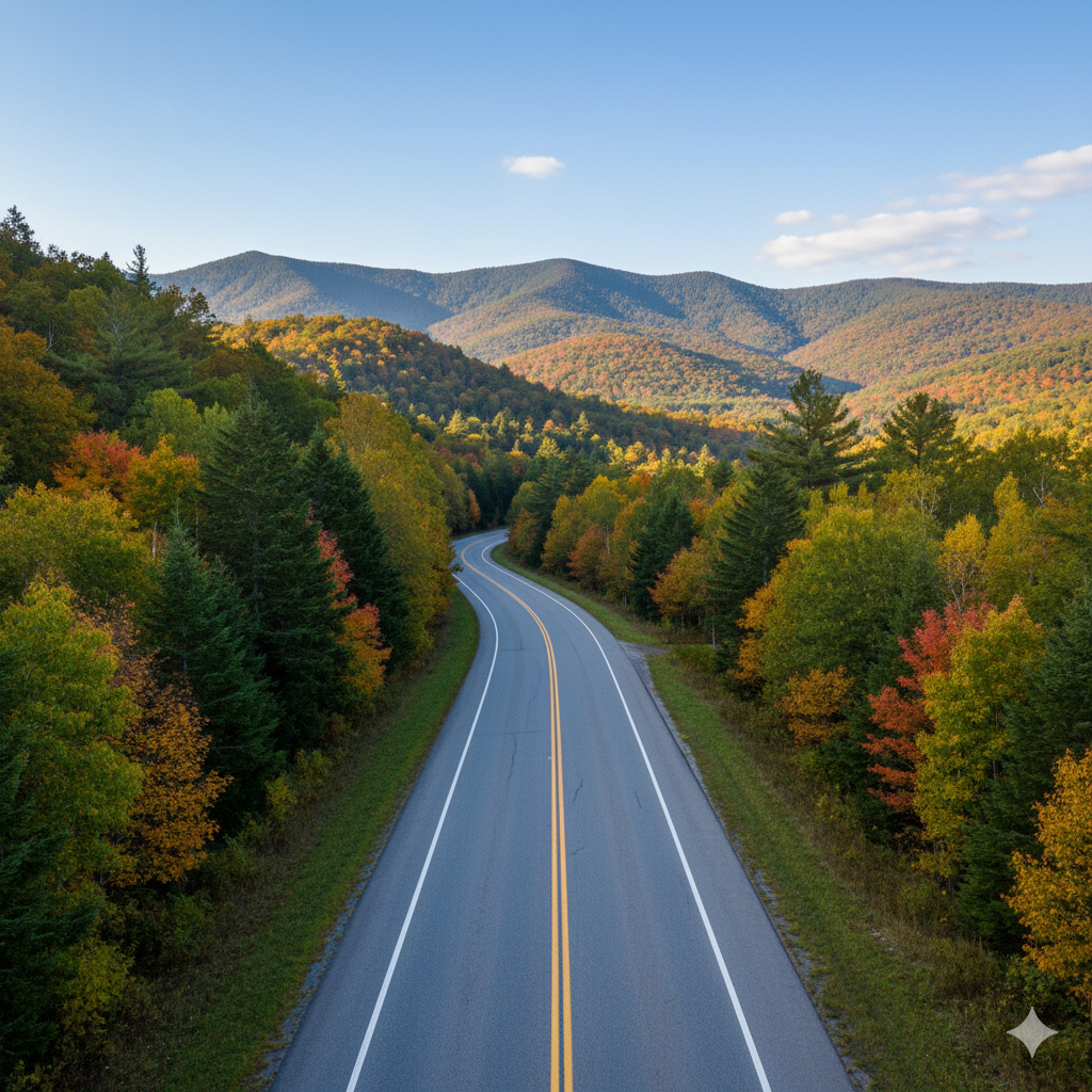 West Virginia mountain highway with double yellow centerline through Appalachian terrain