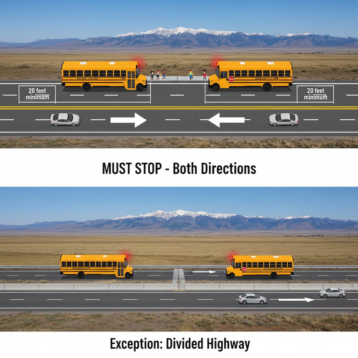 Wyoming school bus stop law requiring both directions to stop on undivided roads