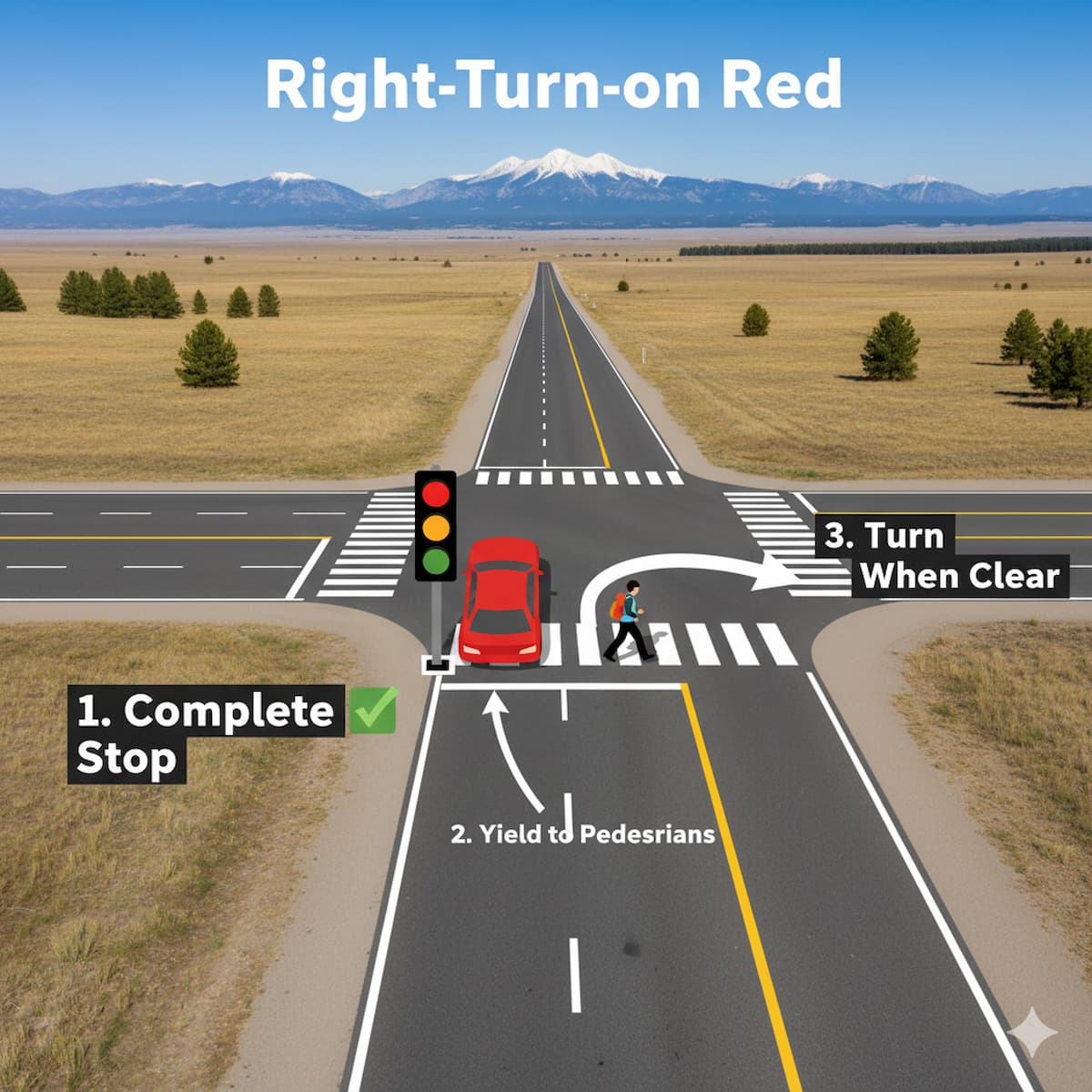 Wyoming right turn on red and left on red regulations with complete stop requirement