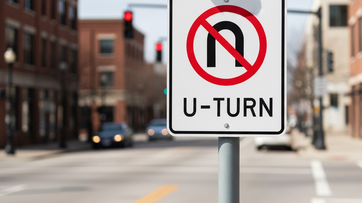 NO U-TURN regulatory sign near a signal with double yellow centerline