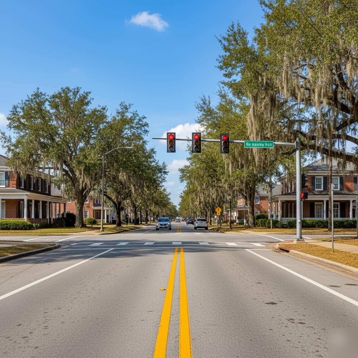Alabama road intersection with traffic signals and double yellow lines