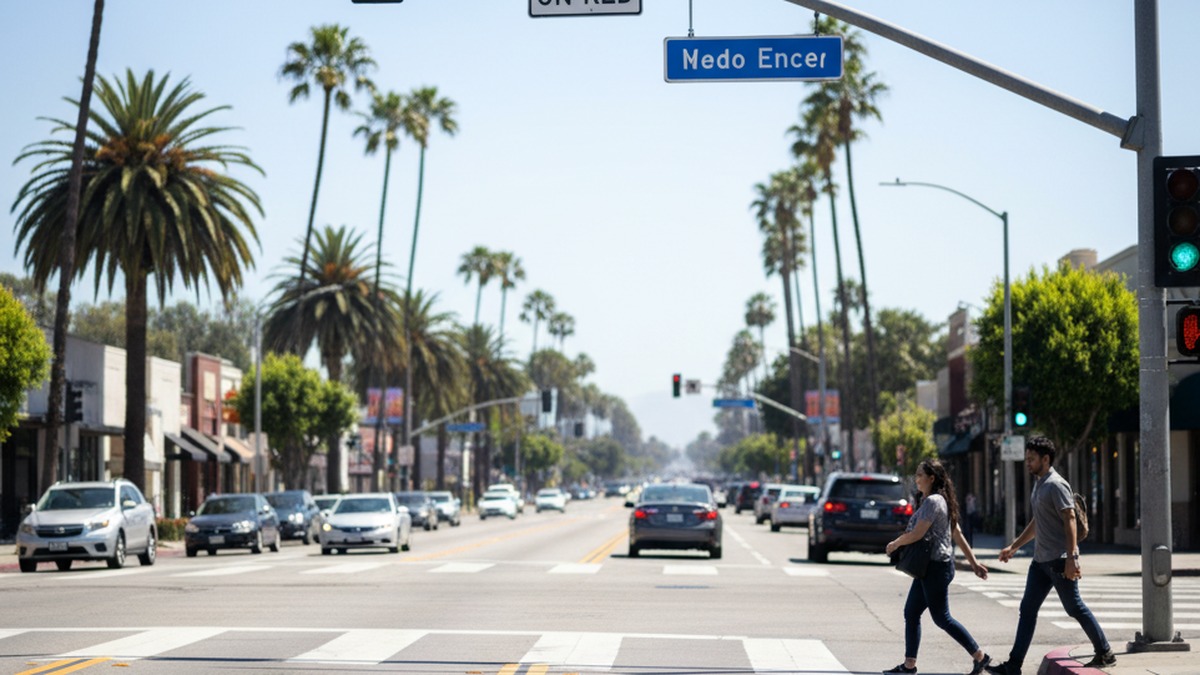 California city intersection with NO TURN ON RED sign and crosswalk