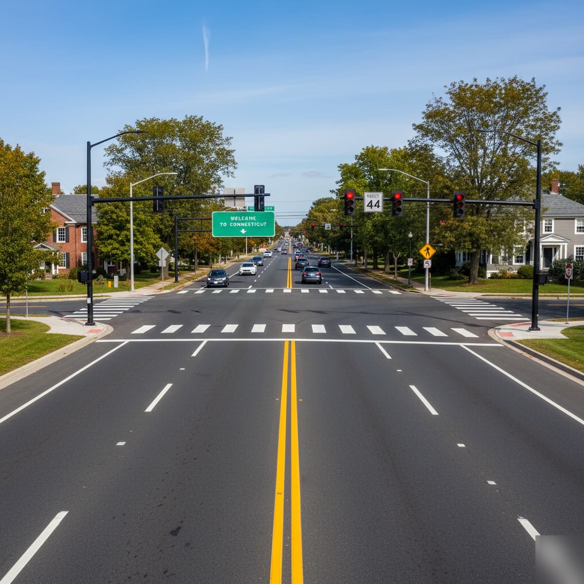 Connecticut highway intersection with traffic signals and road markings showing double yellow lines