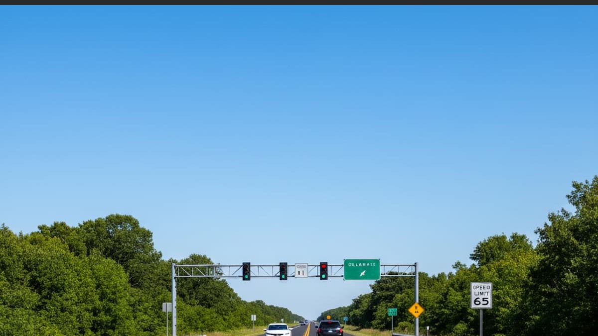 Delaware highway intersection showing Route 1 with traffic signals and double yellow lines